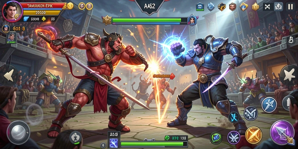 Tangkapan layar utama AA62 menampilkan pertarungan yang seru dan intens di arena.