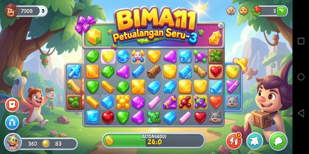 Screenshot gameplay BIMA11 yang menampilkan momen mencocokkan buah-buahan.