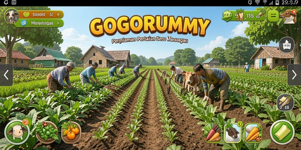 Tangkapan layar gameplay GOGORUMMY menampilkan ladang yang subur dan aktivitas bercocok tanam.