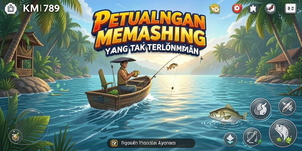 Tampilan screenshot KM789 saat pemain menangkap ikan berukuran besar di danau.