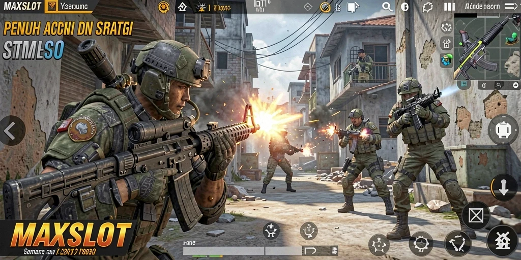 Tampilan dinamis gameplay <strong>MAXSLOT</strong> memperlihatkan aksi menegangkan di medan perang.