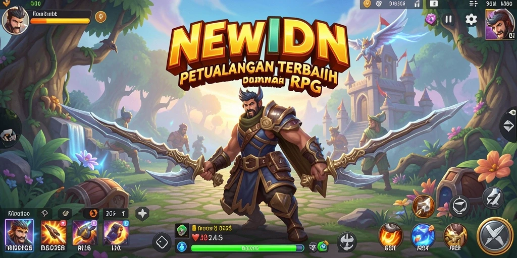 Screenshot utama NEWIDN menampilkan karakter heroik dalam pertempuran epik.