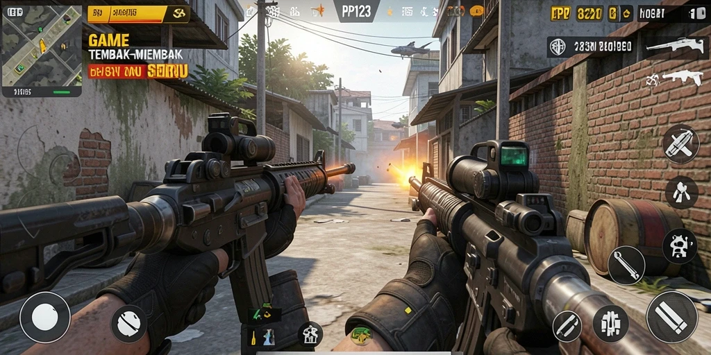 Screenshot gameplay PP123 dengan aksi tembak-menembak yang mendebarkan.