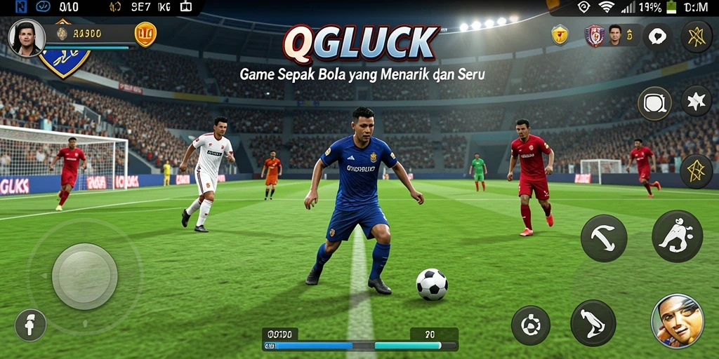 Tampilkan gameplay QGLUCK yang seru di lapangan sepak bola.