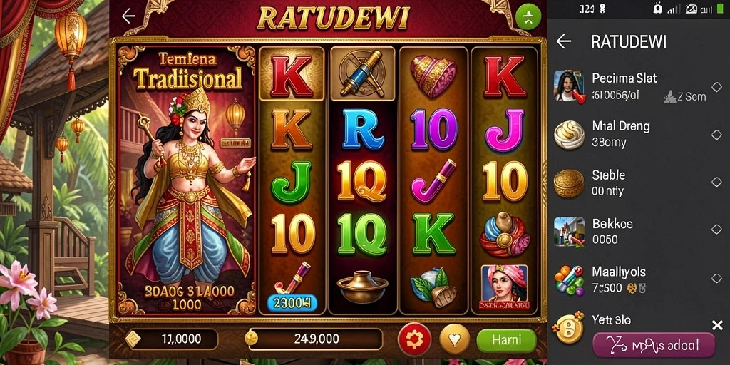 Tampilan gameplay seru di RATUDEWI dengan berbagai simbol tradisional.