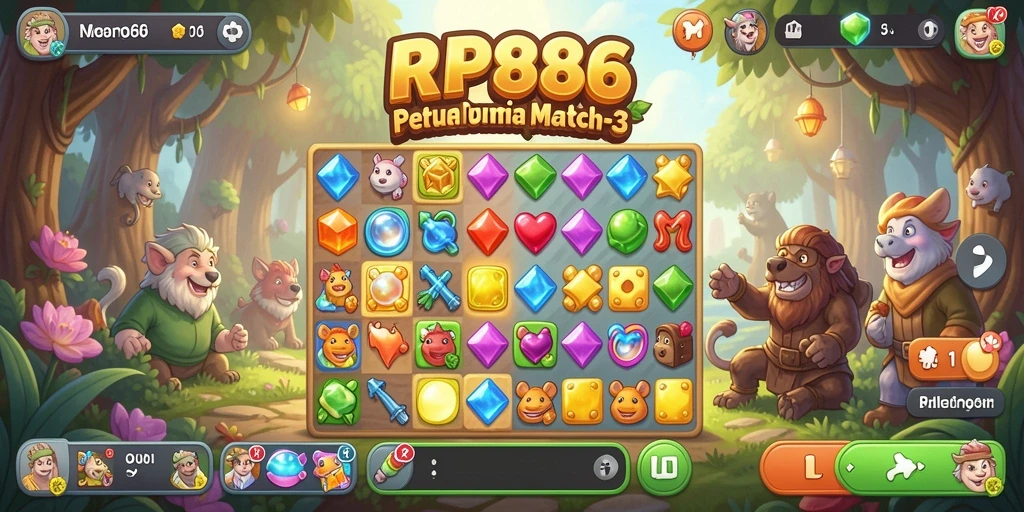 Screenshot gameplay RP886 menampilkan aksi mencocokkan permata yang seru.