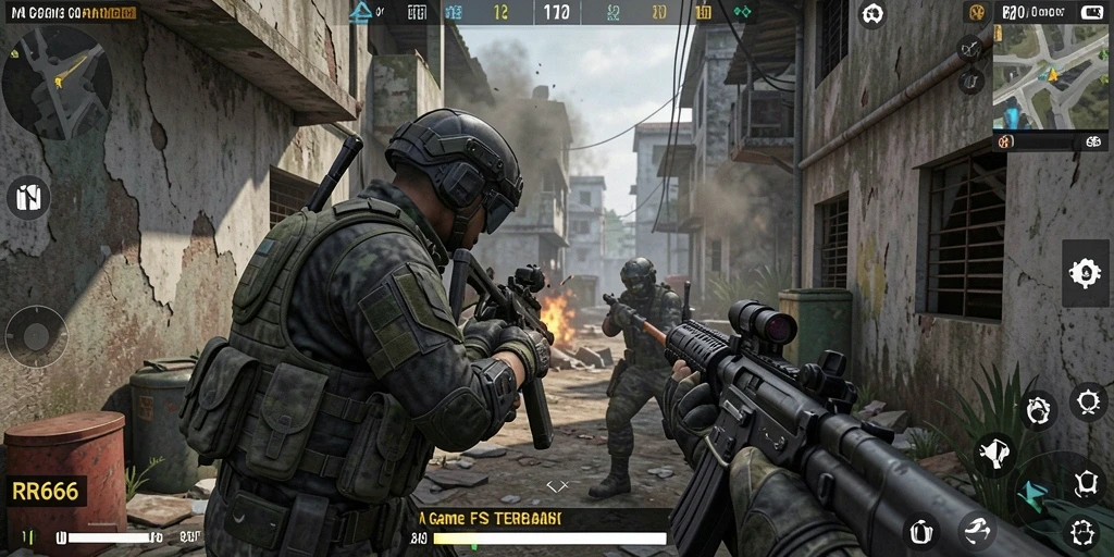 Screenshot gameplay intens dari RR666 menampilkan aksi tembak-menembak yang mendebarkan.