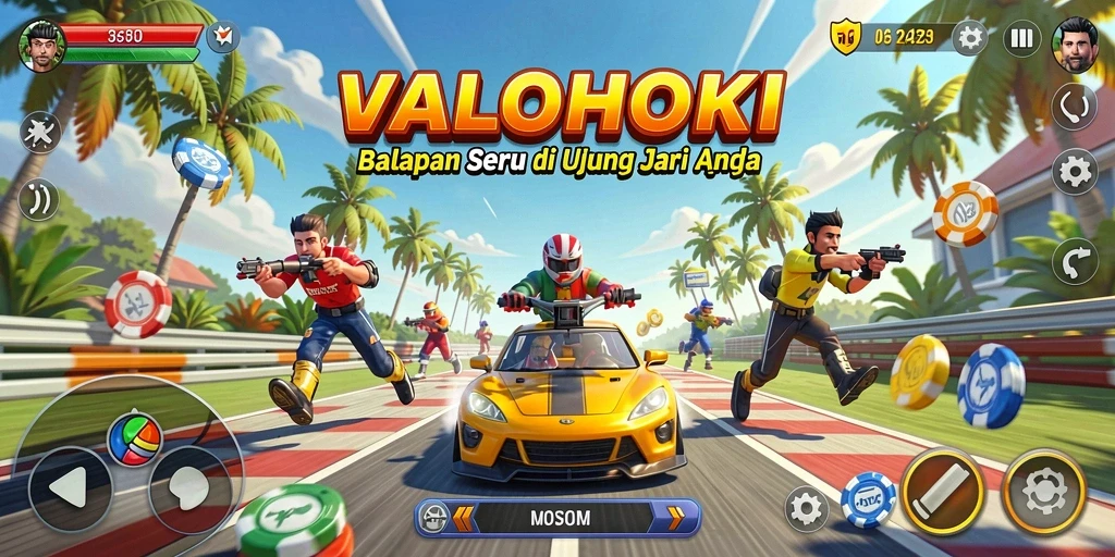 Screenshot utama VALOHOKI menampilkan balapan seru di trek yang menantang.